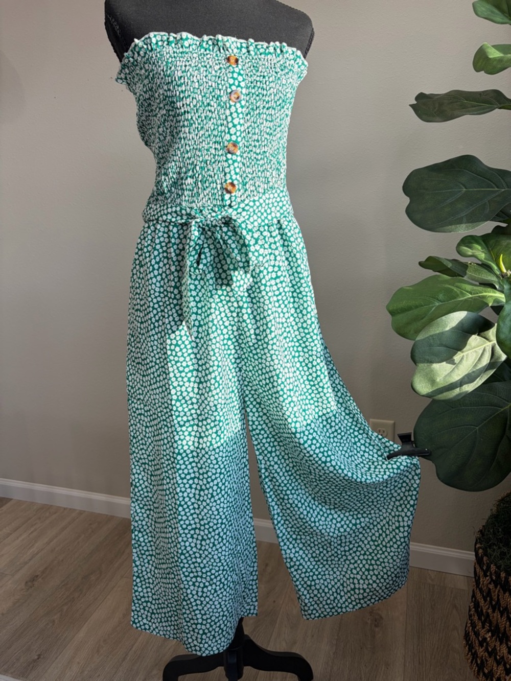 Amazon Strapless Smocked Wide-Leg Jumpsuit in green and White
